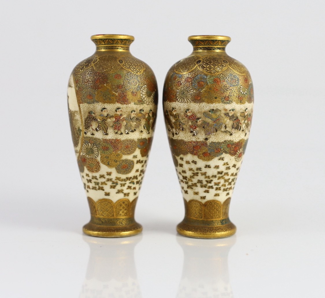 A pair of Japanese Satsuma pottery vases, signed Hankizan, Meiji period, 8.9cm high